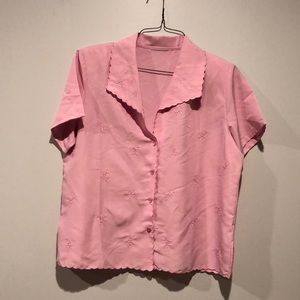 Vintage Barbie Pink Embroidered Blouse with Shoulder Pads